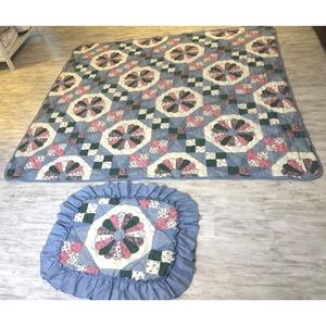 Vintage Quilted cottagecore Bedspread Full Size Blue Patchwork Grandmacore